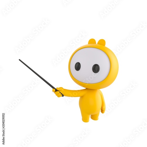 Cute 3D render Yellow Little Monster character holding a pointing stick and gesturing to the side, looking upward with a confident and instructive pose, isolated on white background.