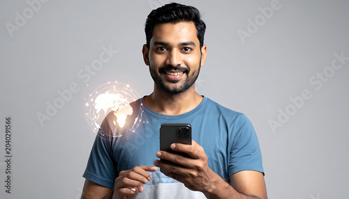 Smiling man holding smartphone with glowing digital network overlay, representing connectivity and technology concepts