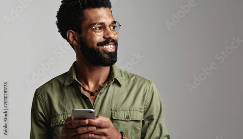 Smiling man with glasses holding a smartphone, looking to the side with a thoughtful expression, modern casual style