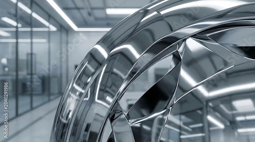 Abstract chrome metallic structure with reflective surfaces and geometric facets in a modern high-tech office environment, showcasing sleek design and futuristic aesthetics