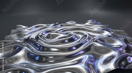 Abstract wavy chrome metallic surface with purple and blue reflections against a dark background