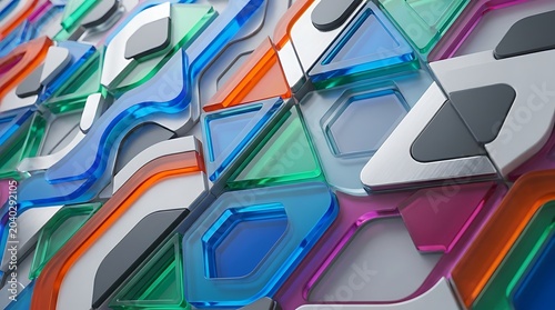 Colorful abstract geometric 3D render background with interlocking translucent and opaque shapes creating a modern dynamic pattern and intricate visual texture for digital design projects.