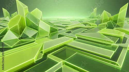 Abstract 3D render of a futuristic geometric landscape with glowing green translucent crystal shapes and angular structures.