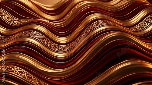 Abstract background featuring luxurious flowing golden waves intertwined with deep red fabric, adorned with intricate ornate patterns creating a rich and opulent texture