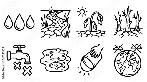 Εκτύπωση καμβά Drought and Water Scarcity Icons: Dry Earth, Arid Landscape, Pollution, Climate