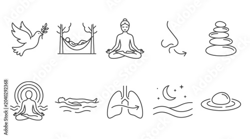 Tableau sur toile Mindfulness icons set: meditation, yoga, breathing, relaxation, peace, nature, s