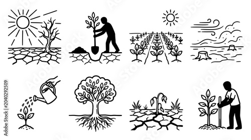 Foto Gardening and Environmental Icons: Planting, Drought, Growth, and Conservation