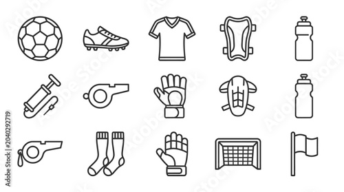 Photos Soccer Equipment Icons: Ball, Cleats, Jersey, Shin Guards, Water Bottles, Whistl