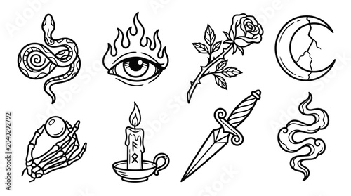 Mystical Tattoo Flash Sheet: Snake, Eye, Rose, Moon, Hand, Candle, Dagger, Smoke