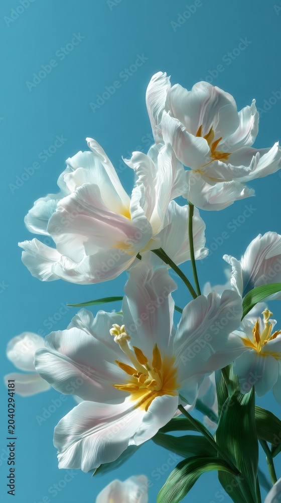 Fototapeta premium Serene blossoms: a tranquil symphony of spring in blue. Cinematic poster. Vibrant spring blossoms with dew on petals, enhanced by a breezy vibe. Epic poster. Poster illustration.