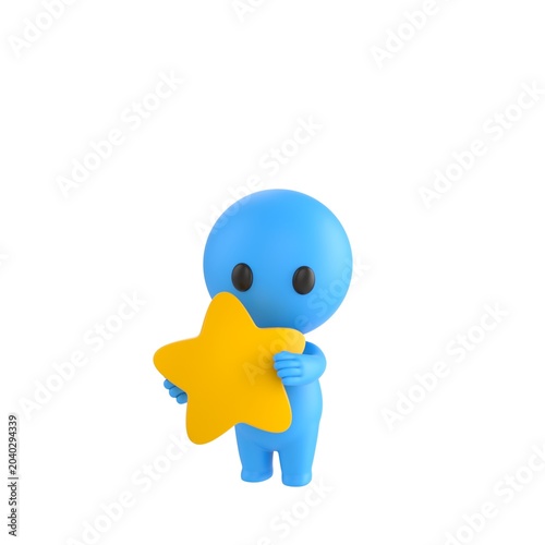 Cute 3D render Little Blue Boy character hugging a star, showing love, warmth, and appreciation, isolated on white background.