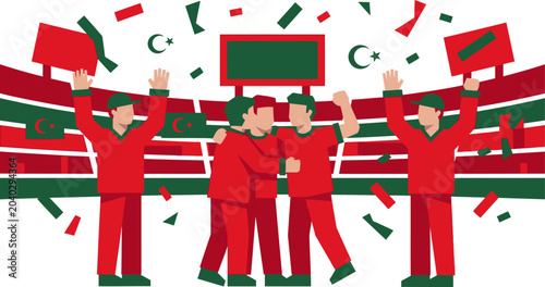 Tableau sur toile Turkmenistan flag waving people celebrating with signs and confetti  festive sce
