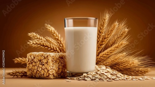 High Quality Oat Milk Dairy-Free Option with Oats and Wheat on a Stylish Brown Background