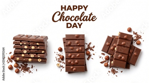 Happy Chocolate Day greeting with dark chocolate bars and hazelnuts, gourmet cocoa dessert collection on white background, sweet food celebration
