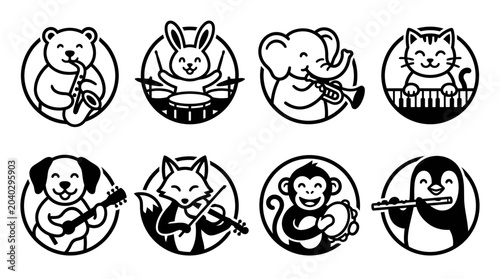 Cute Animals Playing Musical Instruments Icons Set