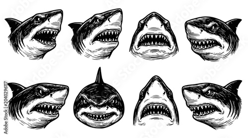 Bild auf Leinwand Fierce Shark Heads Collection: Multiple Angles, Open Mouths, Sharp Teeth, Vintag