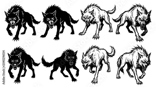 Fotografi Fierce Wolves Pack Silhouette and Sketch Set