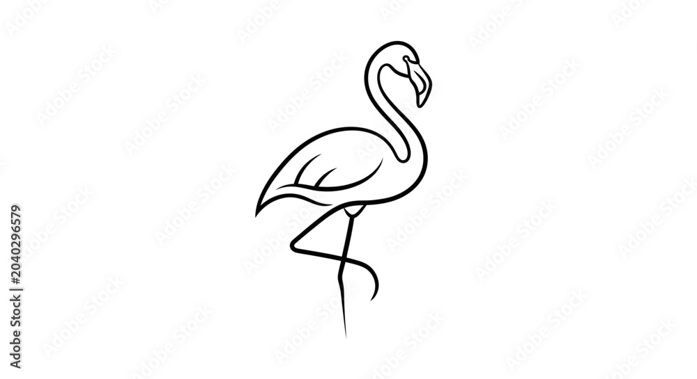 Obraz premium Elegant black and white line art illustration of a flamingo standing gracefully on one leg.