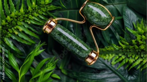 Facial Massage Roller on Lush Green Leaves for Relaxation and Skin Care Rituals