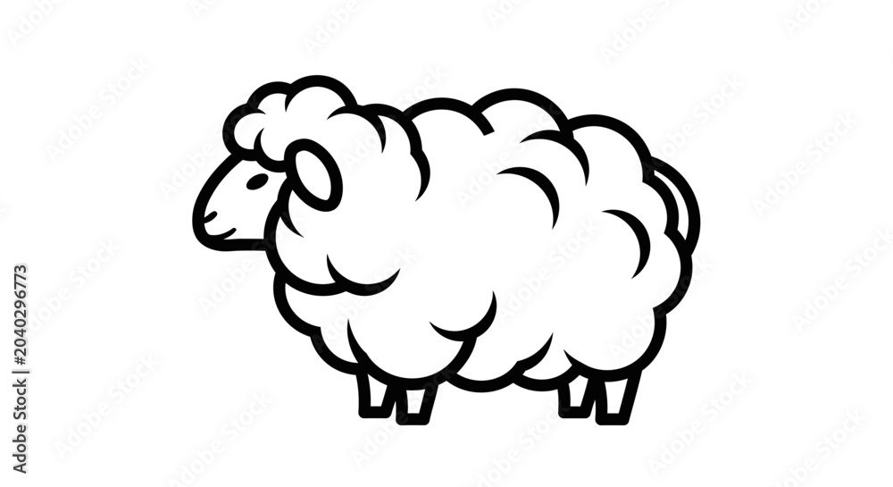 Obraz premium Simple black and white outline drawing of a fluffy sheep standing.