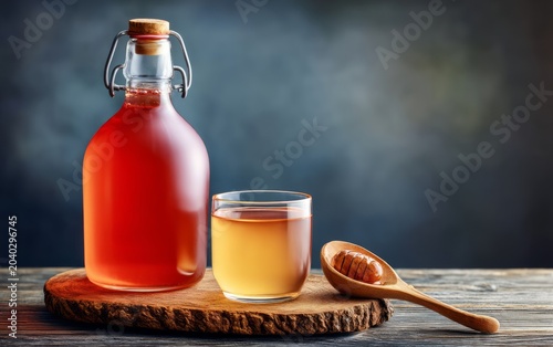 Beautifully Crafted Kombucha Beverage with Honey on Wood Slice, Perfect for Health-Conscious Drink Enthusiasts