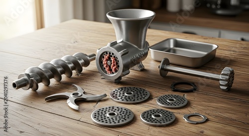 Close-up of a disassembled meat grinder on a wooden table, showcasing its components for food preparation