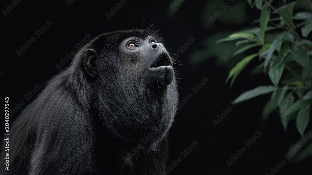 Obraz premium Captivating Black Monkey Gazing Upward Surrounded by Green Leaves