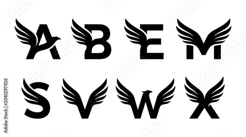 Quadro su tela Winged Alphabet Letters A, B, E, M, S, V, W, X | Heraldic Symbols Collection