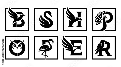 Animal Alphabet Logos: Birds of Prey, Swan, Owl, Flamingo, Peacock, Raven, Eagle