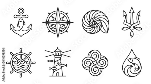 Bild auf Leinwand Nautical Icons Set: Anchor, Compass, Seashell, Trident, Lighthouse, Wheel, Waves