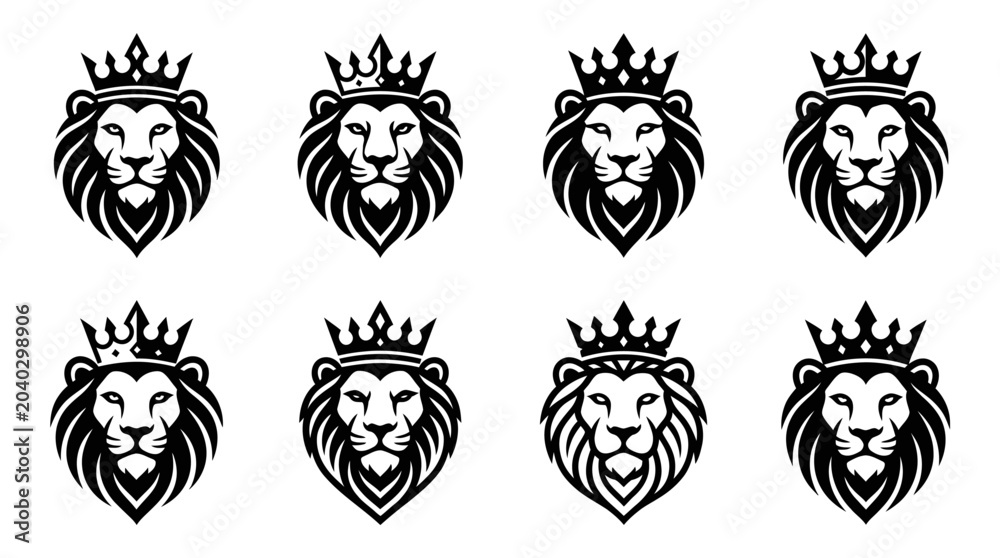 Obraz premium Lion Head Crown Icons Set, Majestic Regal Symbol Vector Graphics