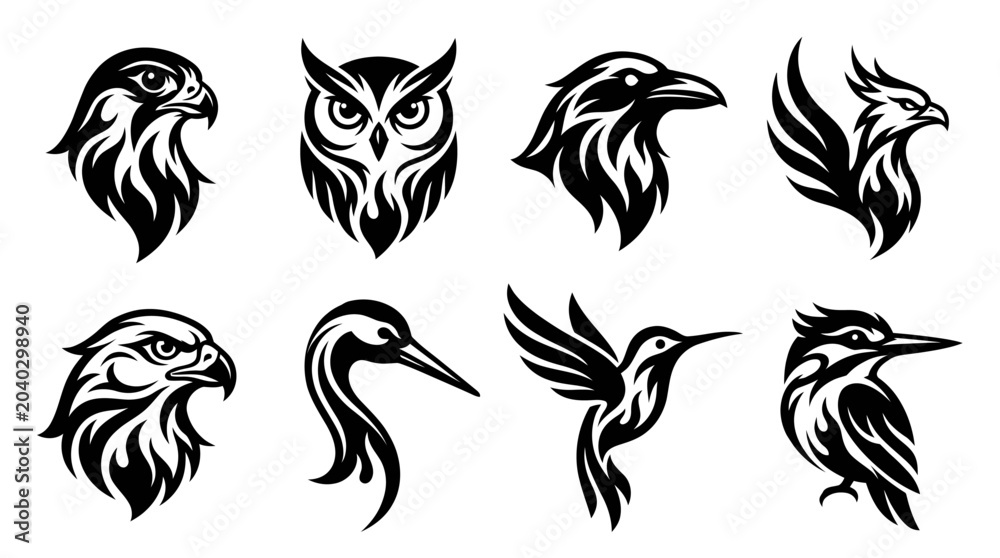 Obraz premium Tribal Bird Silhouettes Collection: Eagle, Owl, Raven, Hummingbird, Heron, Kingfisher Icons