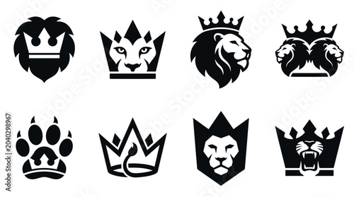 Photos Lion Head Crown Icons Set - Majestic Royal Symbols Collection