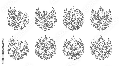 Bild auf Leinwand Phoenix vector illustrations, mythic bird, fire emblem, ornamental design, set o