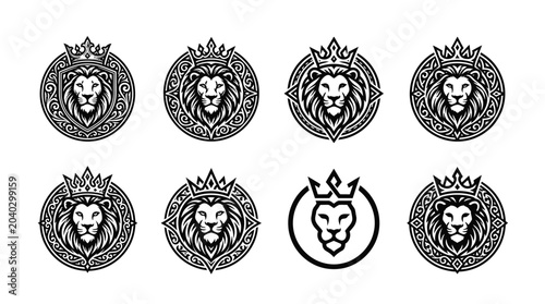 Fotografi Lion Head Crests Collection: Royal King Crown Logos, Heraldic Emblem Design