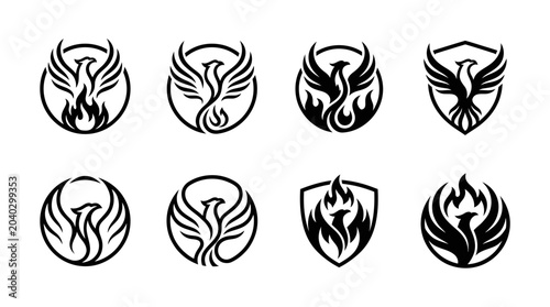 Foto Phoenix Logo Collection: Fire Bird Icon Set, Emblem Designs, Mythology & Rebirth