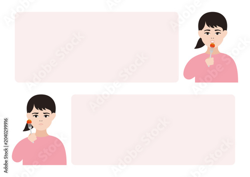 苦手な野菜を克服する女の子と吹き出しのベクターイラスト素材セット