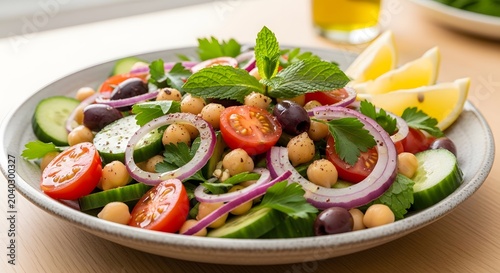 Healthy and vibrant chickpea salad with fresh vegetables, olives, and herbs, perfect for a light meal or side dish