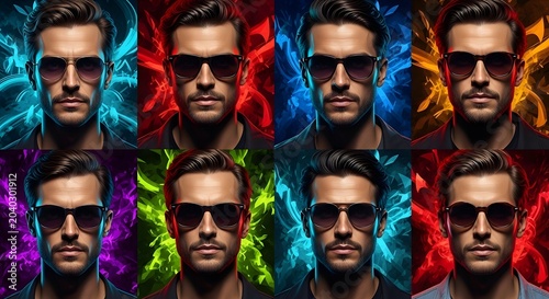 Stylish men in sunglasses with vibrant, abstract backdrops creating a dynamic and energetic visual