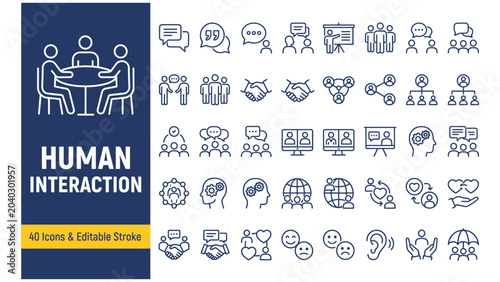 Human Interaction web icons in line style. People, communication, chat, relationships, meeting, group, friends. Editable stroke. Vector illustration.
