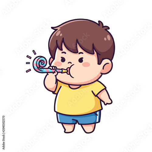 Happy young child playing with colorful party noisemaker toy.