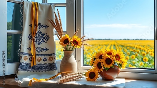 Embroidered rushnyk and wheat sheaf with sunflowers on windowsill, Ukrainian harvest tradition concept.