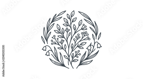 Round botanical line art wreath with various flowers and leaves.