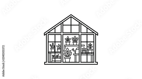 Symmetrical greenhouse line art with shelves and potted plants.