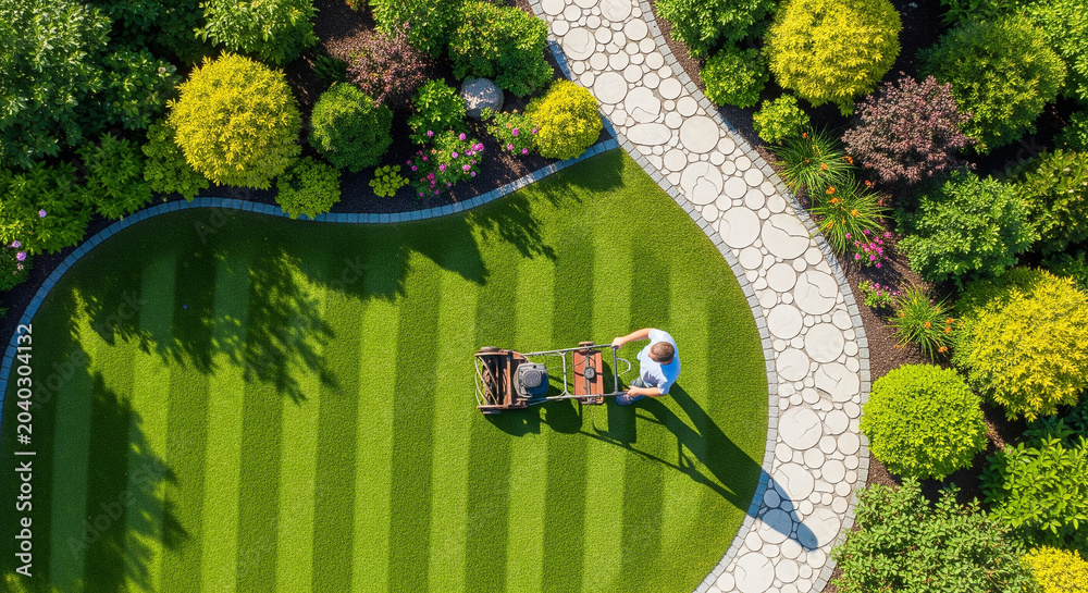 Fototapeta premium Aerial view of a person pushing a lawnmower on a striped green lawn in a beautiful garden, perfect for property maintenance and landscaping concepts