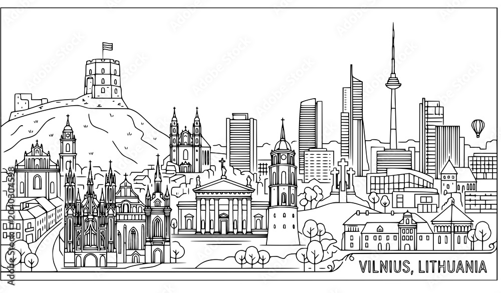 Fototapeta premium Lithuania landmark skyline line art vector travel city illustration