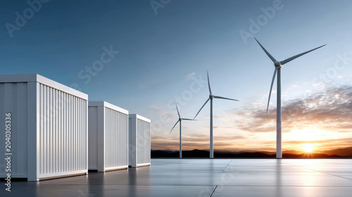 Wind energy energy crisis renewable solutions wind turbine battery storage clean power sunset sky solar farm context sustainable technology