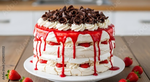 Decadent layered strawberry and cream dessert adorned with chocolate shavings and a vibrant red fruit drizzle, presented beautifully on a wooden table in a well-lit kitchen setting
