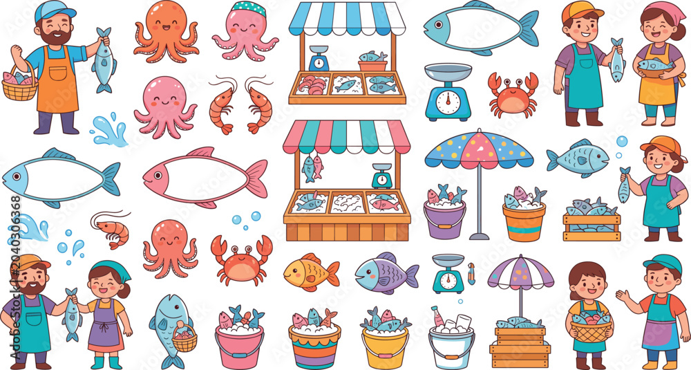 Naklejka premium Cute Seafood Market Vector Collection Featuring Cartoon Fish Vendors, Ocean Creatures, Market Stalls And Kawaii Marine Elements.