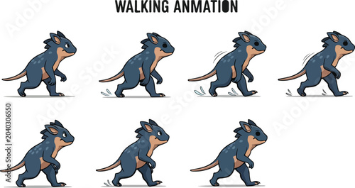 Cartoon dinosaur walking animation sprite sheet, cute blue monster character walk cycle frames, prehistoric creature game assets vector